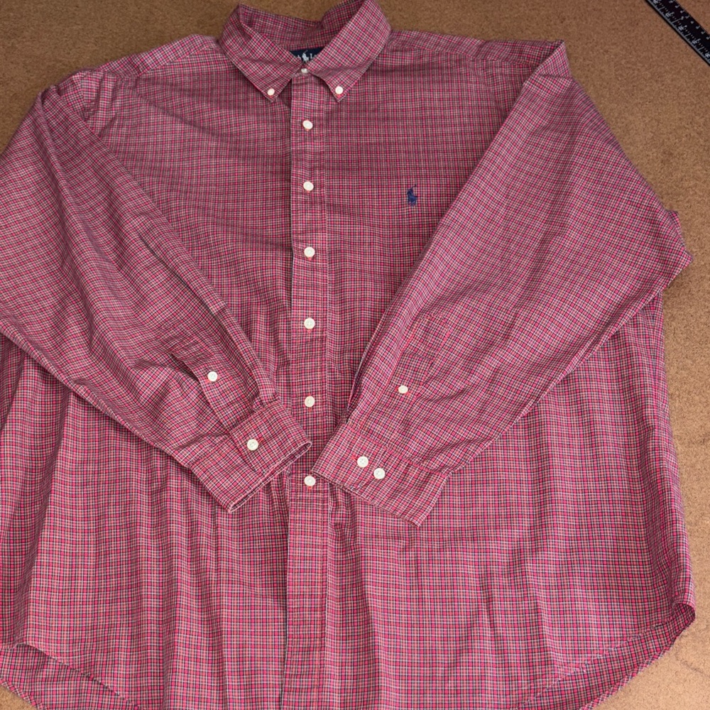 Ralph Lauren 17.5 34-35 Red Plaid Button-Down Shirt with Navy Pony